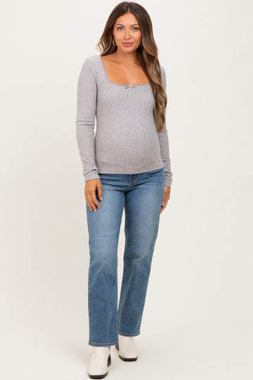 Grey Pointelle Knit Lace Trim Square Neck Maternity Top