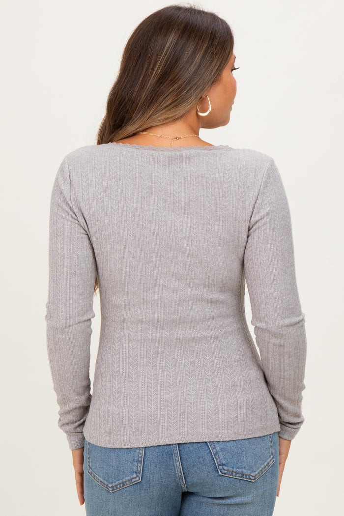 Grey Pointelle Knit Lace Trim Square Neck Maternity Top