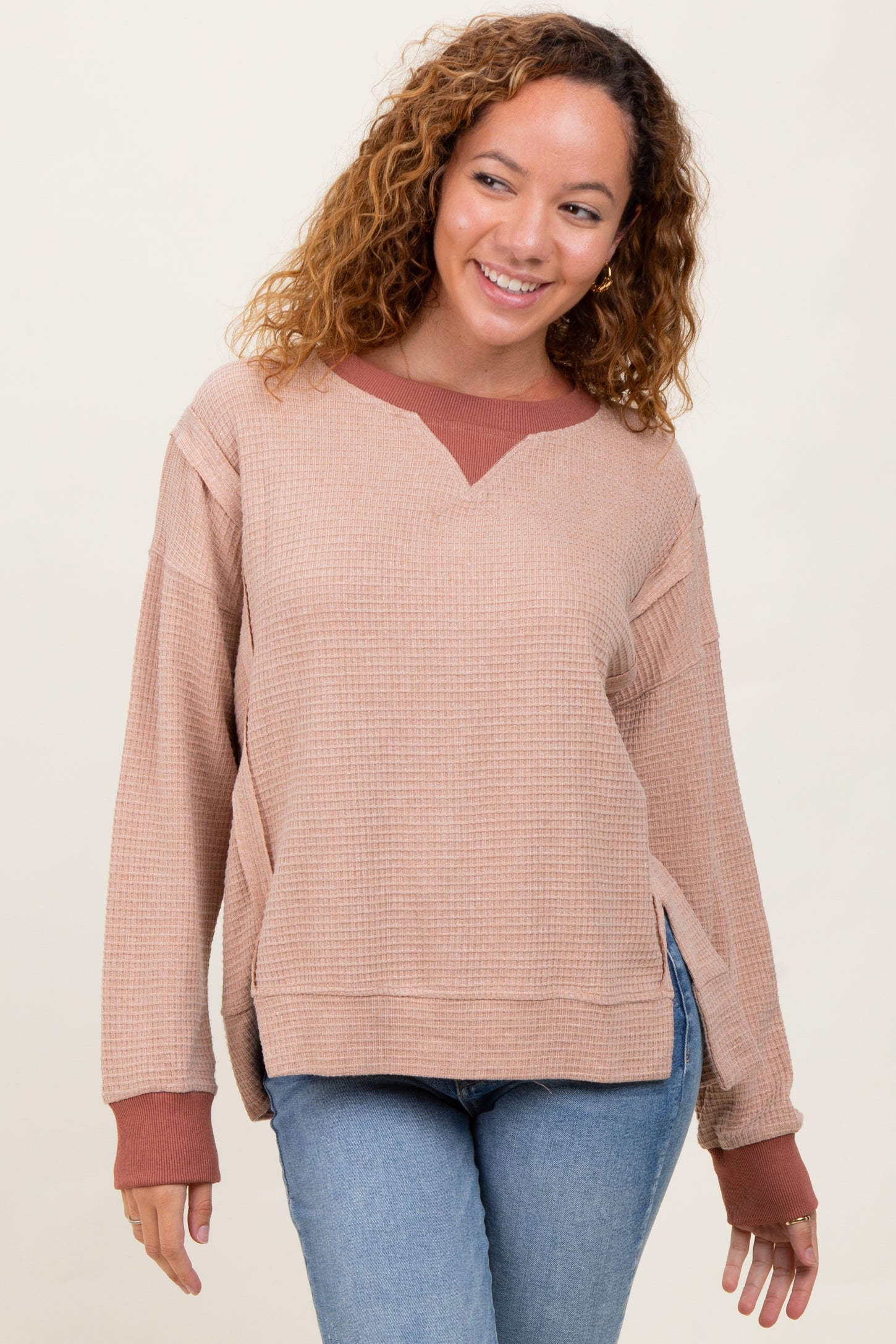 Mocha Oversized Contrast Trim Thermal Pullover