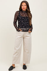 Black Floral Mock Neck Sheer Mesh Maternity Long Sleeve Top
