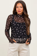 Black Floral Mock Neck Sheer Mesh Maternity Long Sleeve Top