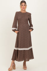 Brown Floral Smocked Crochet Lace Accent Maternity Maxi Dress