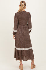 Brown Floral Smocked Crochet Lace Accent Maternity Maxi Dress