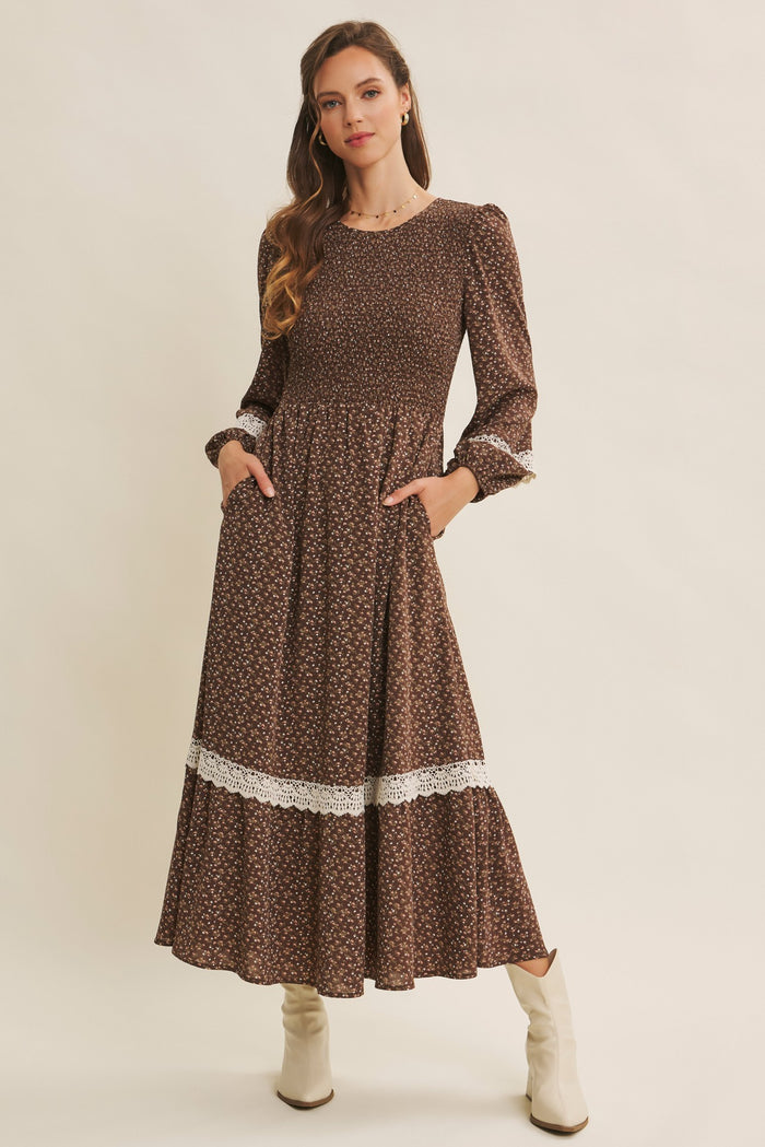 Brown Floral Smocked Crochet Lace Accent Maxi Dress