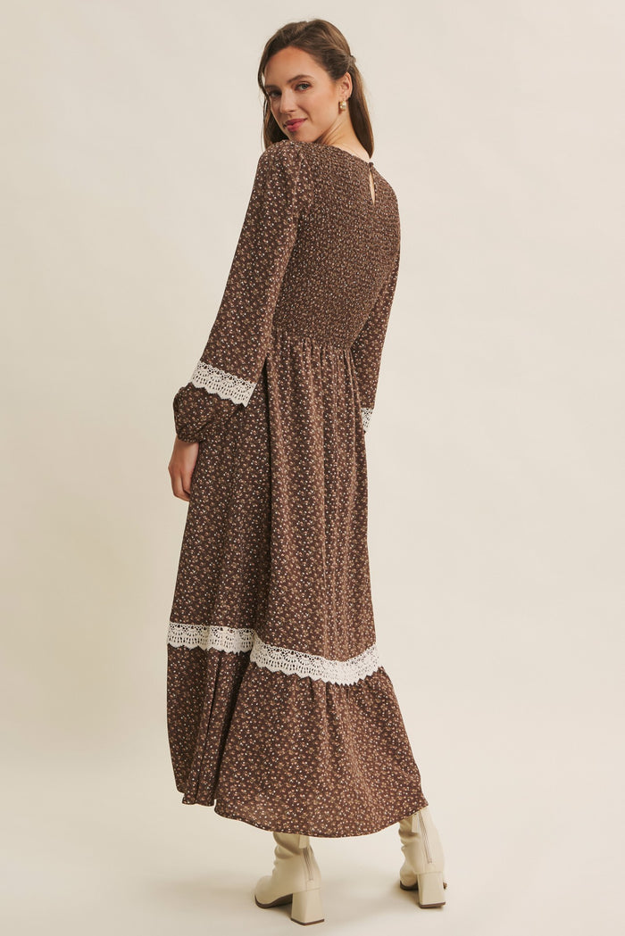 Brown Floral Smocked Crochet Lace Accent Maxi Dress