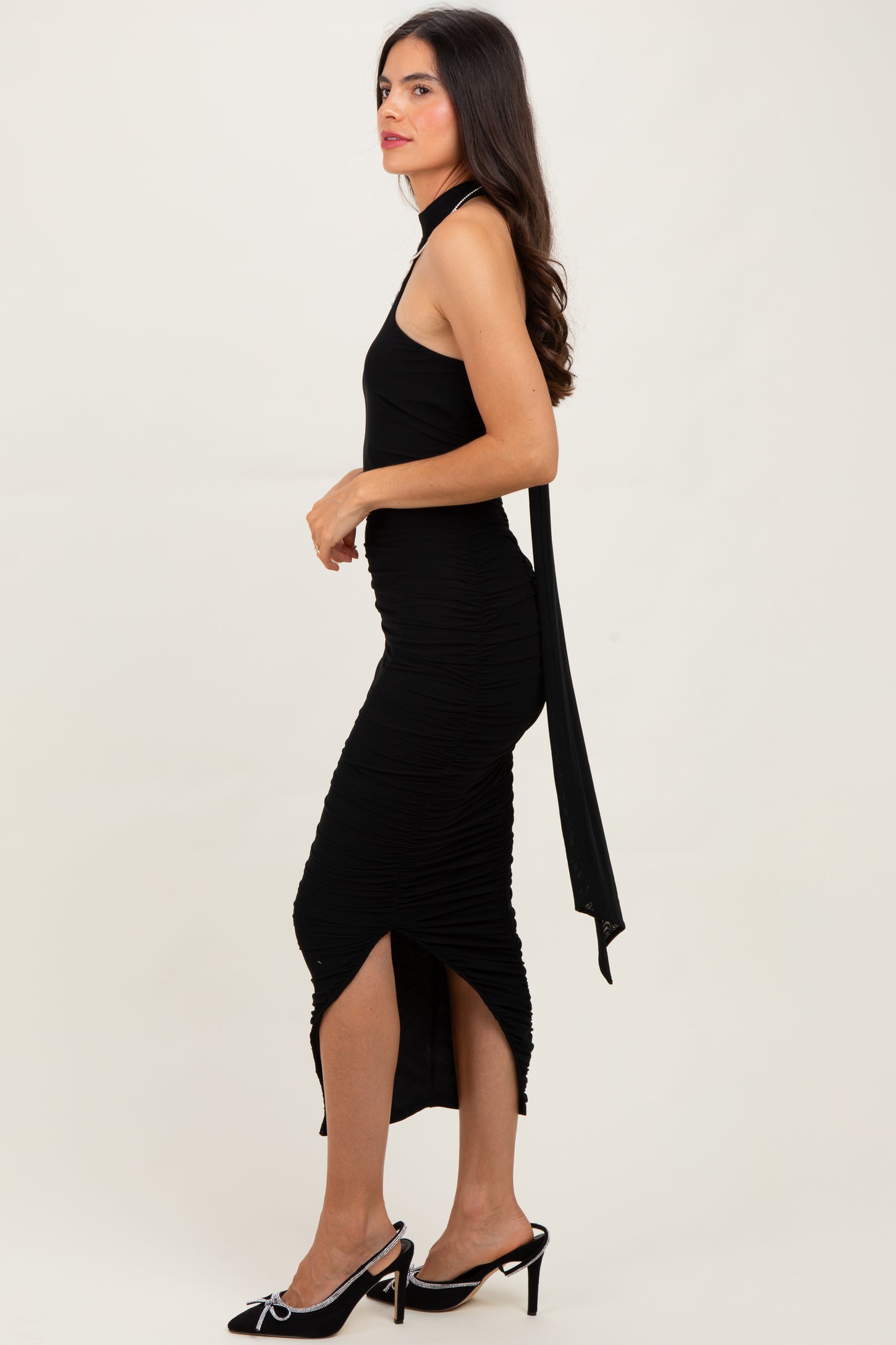 Black Mesh Draped Scarf Ruched Midi Dress