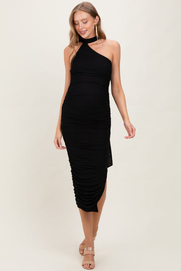 Black Mesh Draped Scarf Ruched Maternity Midi Dress