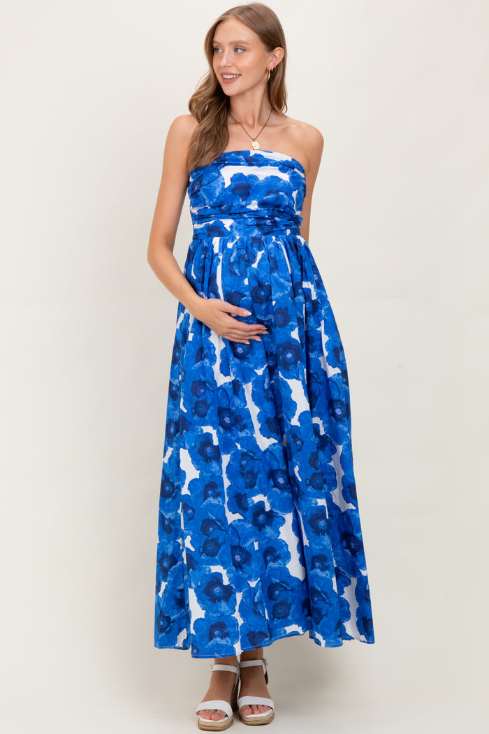 Royal Blue Floral Strapless Maternity Maxi Dress