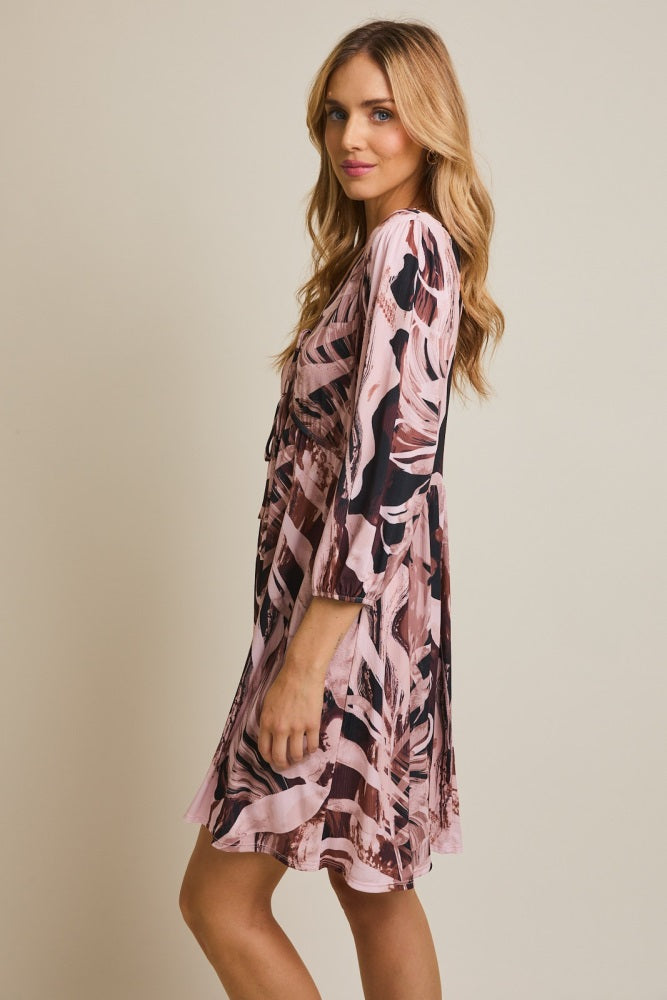 Light Pink Printed V-Neck Front Tie 3/4 Sleeve Mini Dress