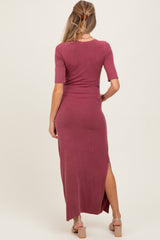 Mauve Ruched Short Sleeve Side Slit Maternity Midi Dress