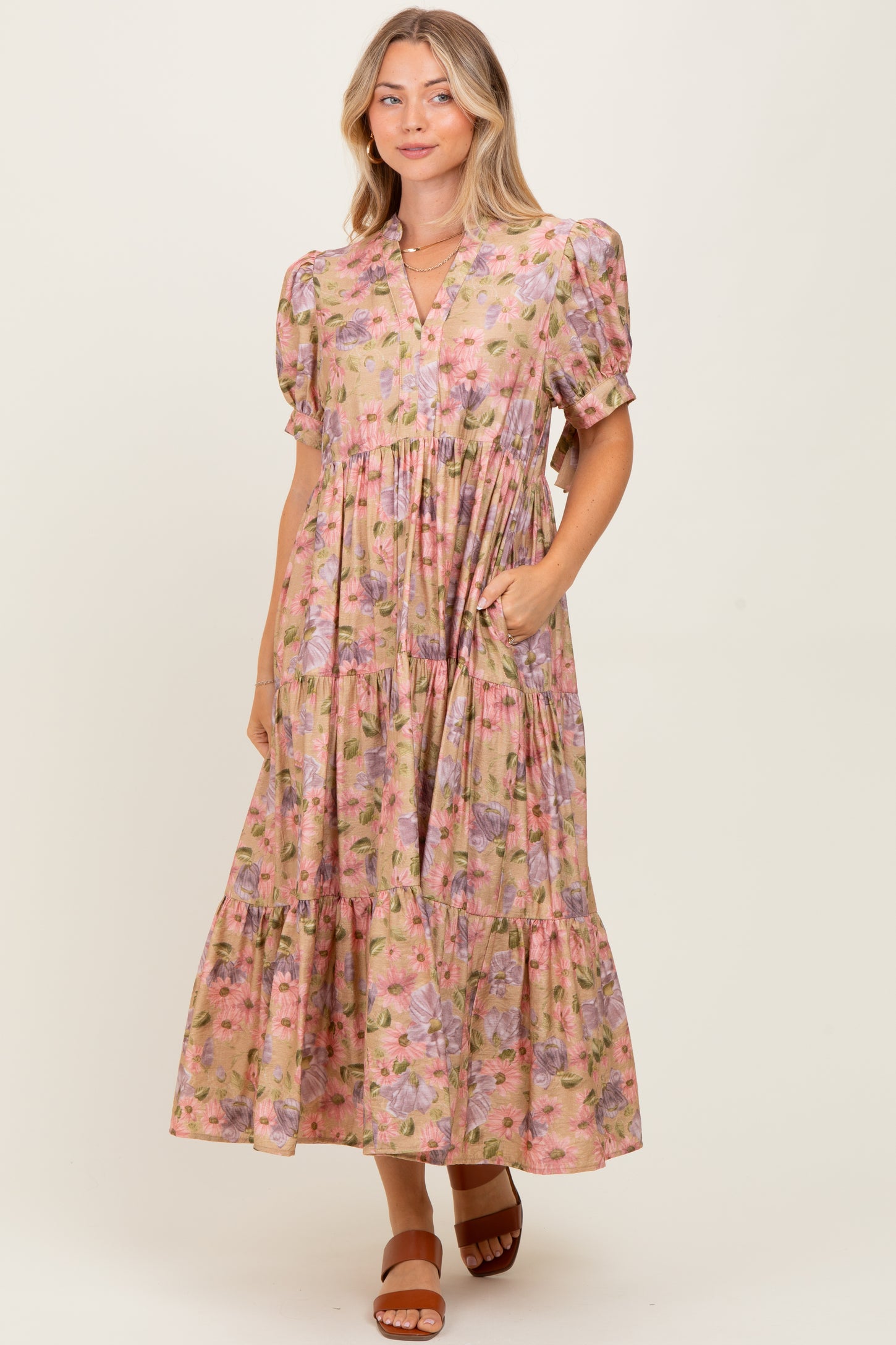 Camel Floral Tiered Puff Sleeve Midi Dress