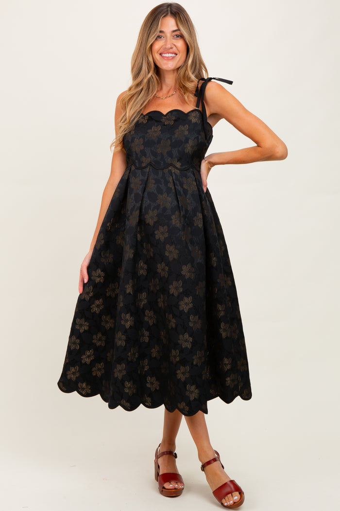 Black Floral Jacquard Shoulder Tie Maternity Midi Dress