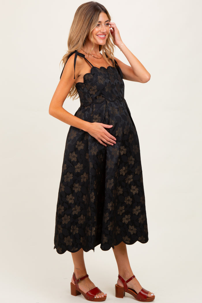 Black Floral Jacquard Shoulder Tie Maternity Midi Dress