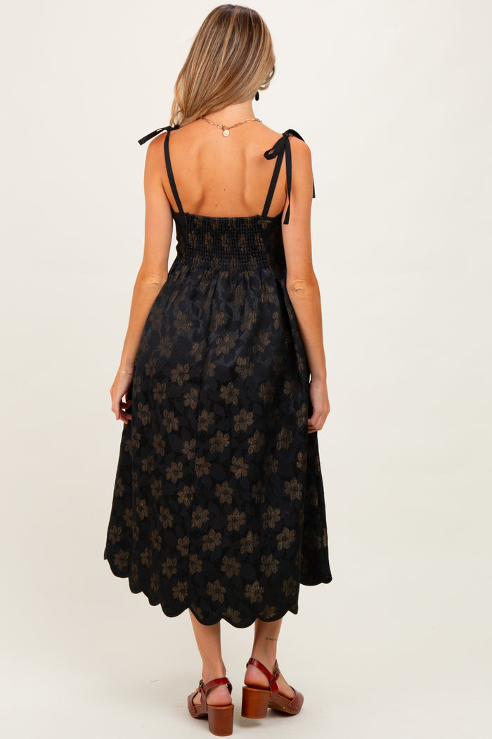 Black Floral Jacquard Shoulder Tie Maternity Midi Dress