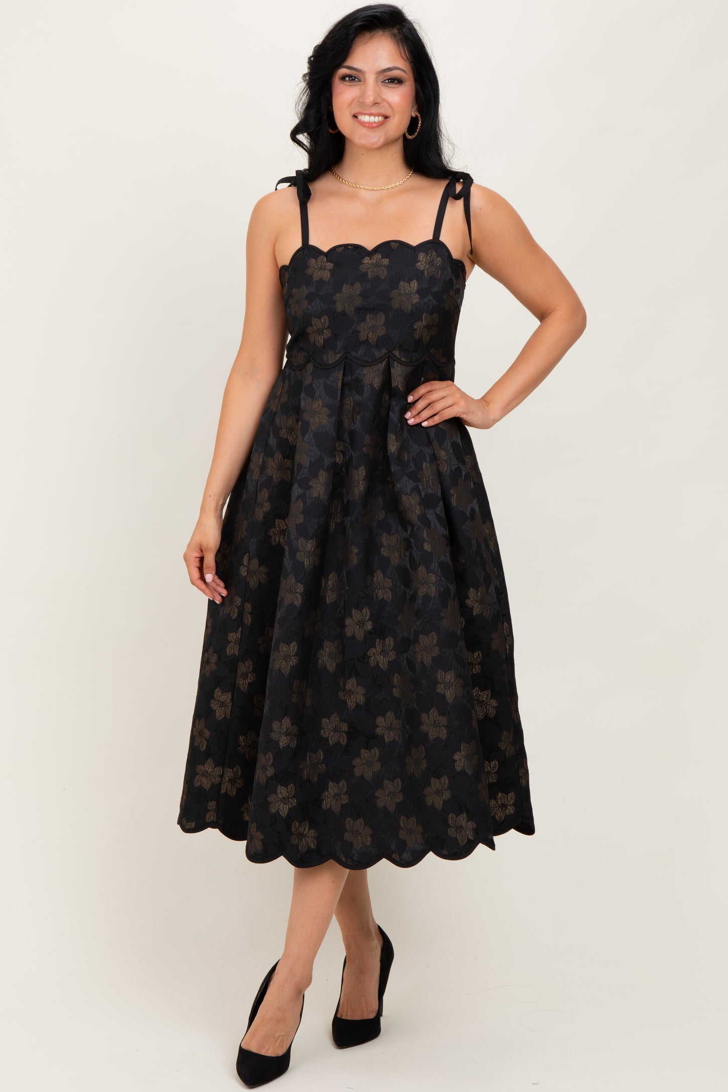 Black Floral Jacquard Shoulder Tie Maternity Midi Dress