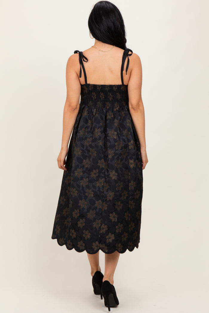 Black Floral Jacquard Shoulder Tie Midi Dress