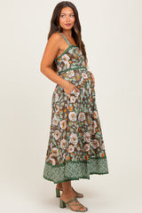 Brown Floral Contrast Print Sleeveless Maternity Midi Dress