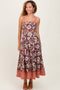 Burgundy Floral Contrast Print Sleeveless Midi Dress