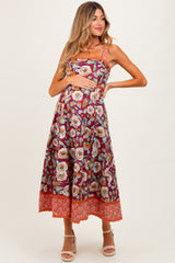 Burgundy Floral Contrast Print Sleeveless Maternity Midi Dress