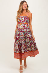 Burgundy Floral Contrast Print Sleeveless Maternity Midi Dress