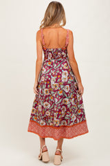 Burgundy Floral Contrast Print Sleeveless Maternity Midi Dress