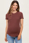 Brown Ribbed Short Sleeve Curved Hem Maternity Top