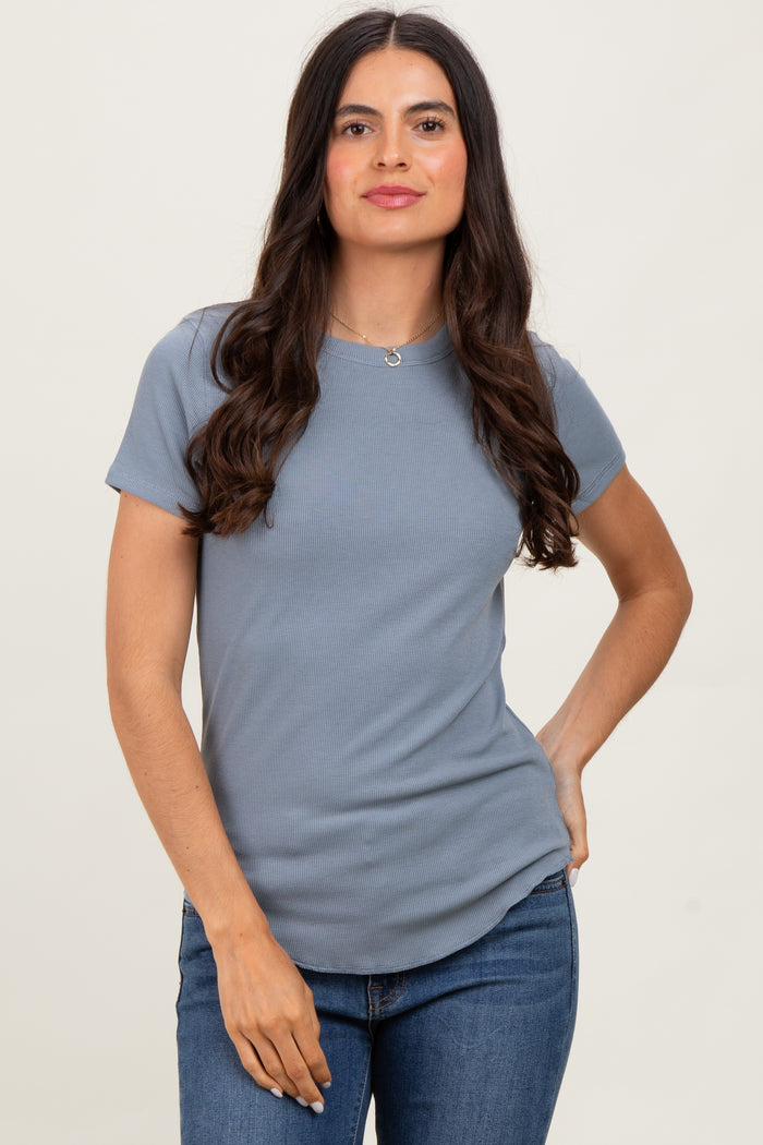 Blue Ribbed Short Sleeve Curved Hem Maternity Top