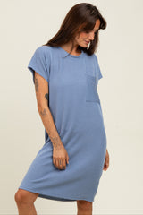 Blue Ribbed Front Pocket Dolman Short Sleeve Dress