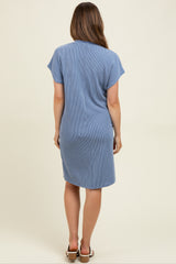 Blue Ribbed Front Pocket Dolman Short Sleeve Maternity Dress