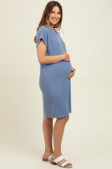 Blue Ribbed Front Pocket Dolman Short Sleeve Maternity Dress