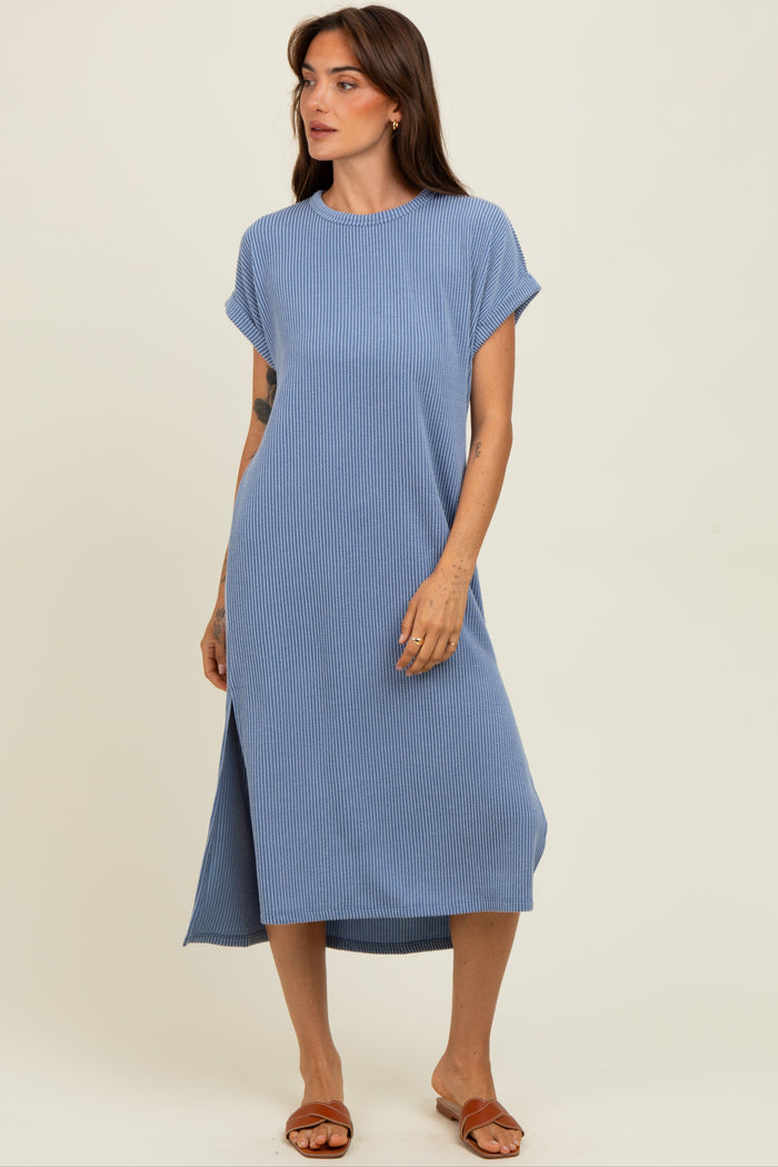 Blue Ribbed Short Sleeve Maternity Midi Dress