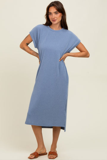 Blue Ribbed Short Sleeve Midi Dress