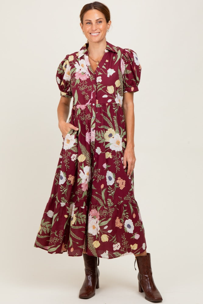 Burgundy Floral Puff Sleeve Button Down Midi Dress