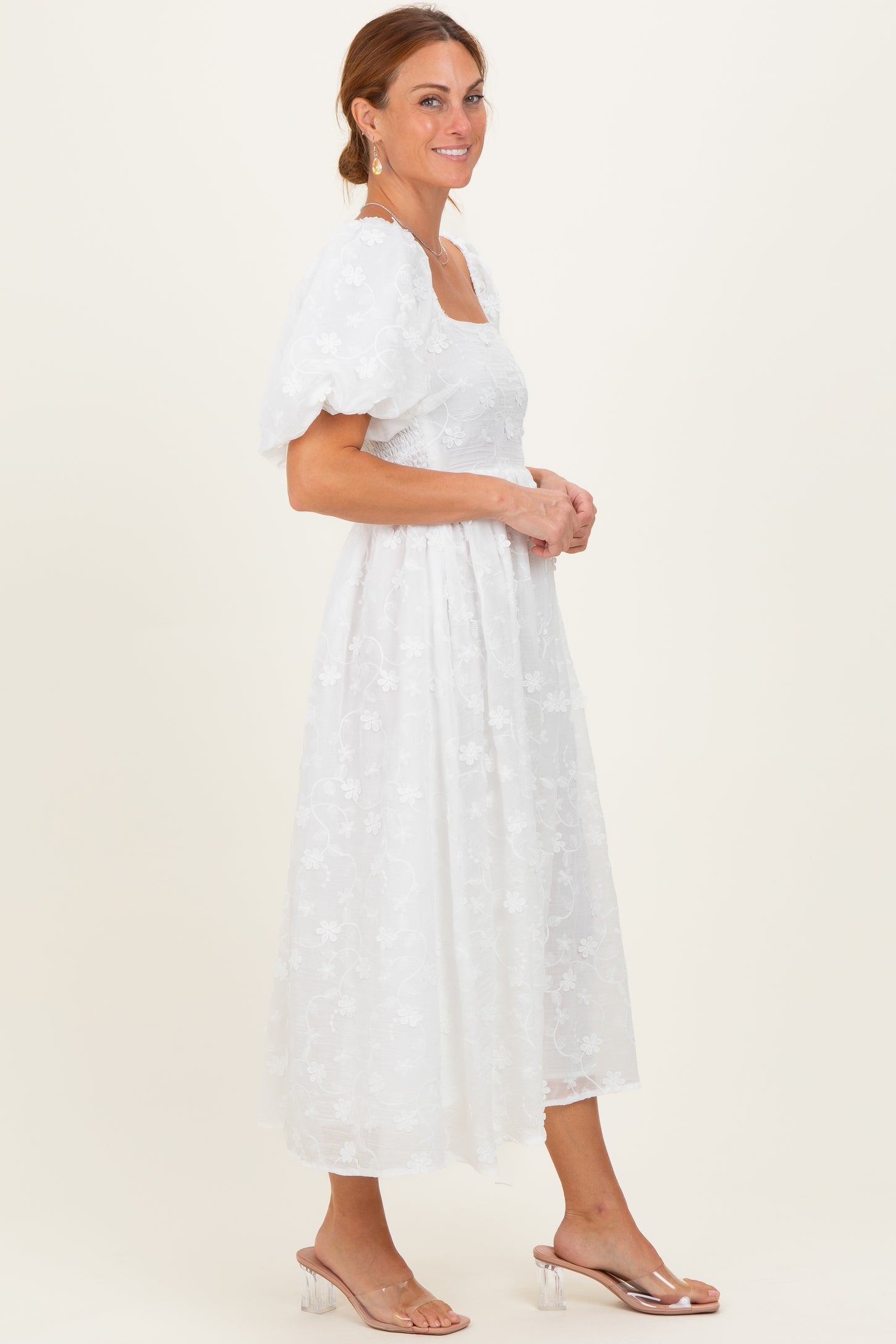 Ivory Embroidered Floral Puff Sleeve Midi Dress
