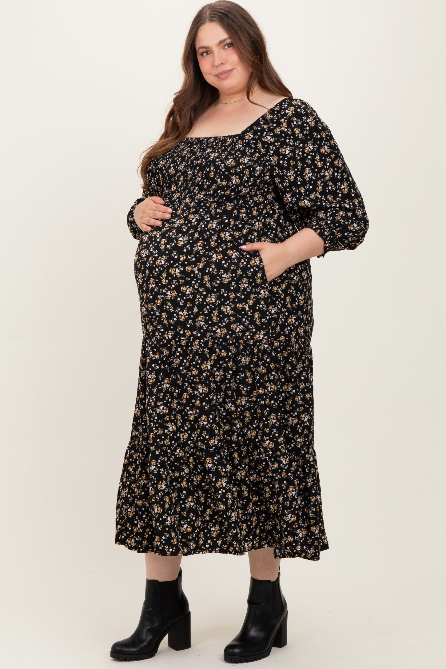 Black Floral Smocked Long Sleeve Maternity Plus Maxi Dress