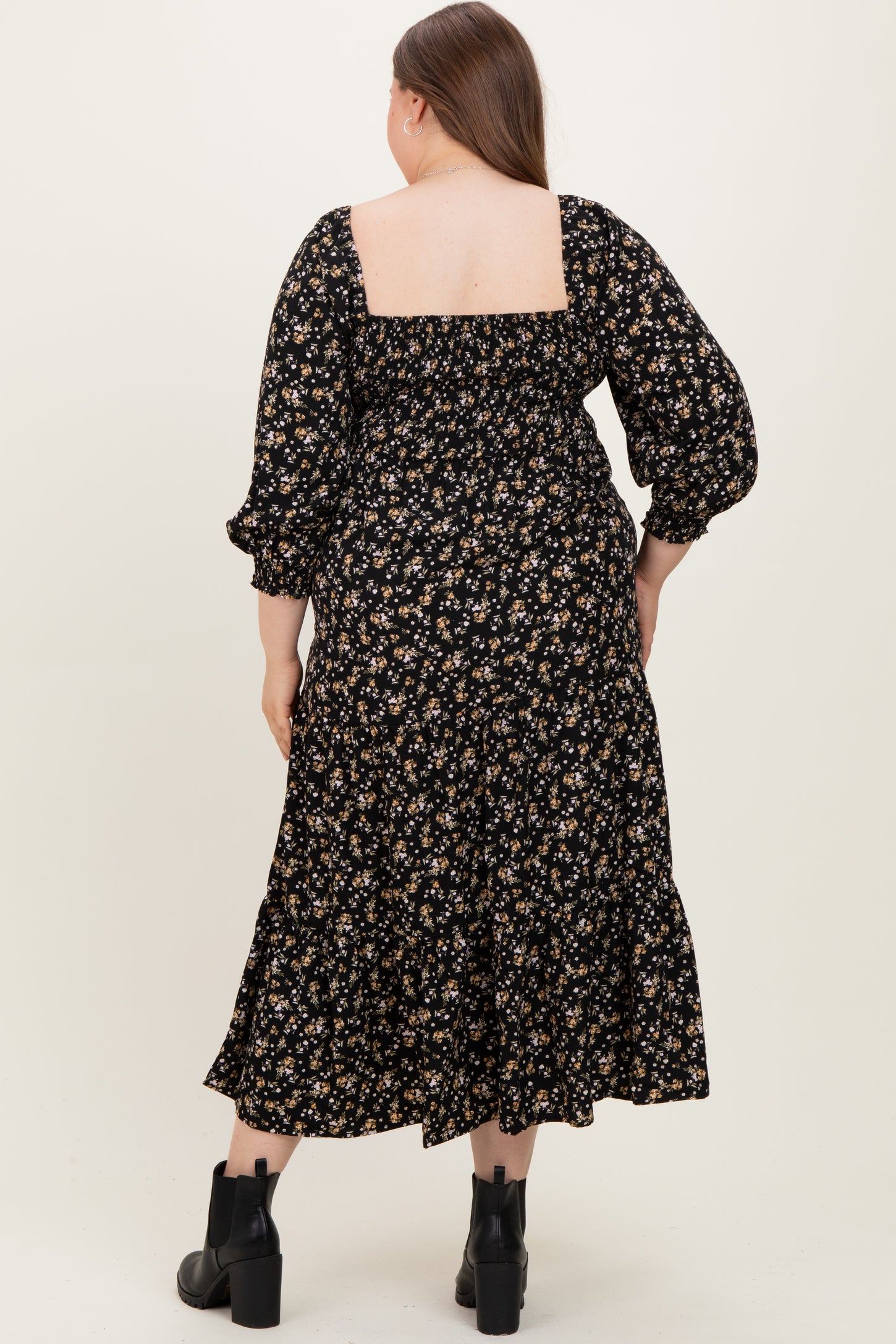 Black Floral Smocked Long Sleeve Maternity Plus Maxi Dress