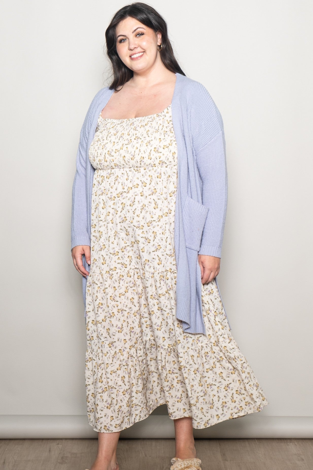 Cream Floral Smocked Long Sleeve Plus Maxi Dress