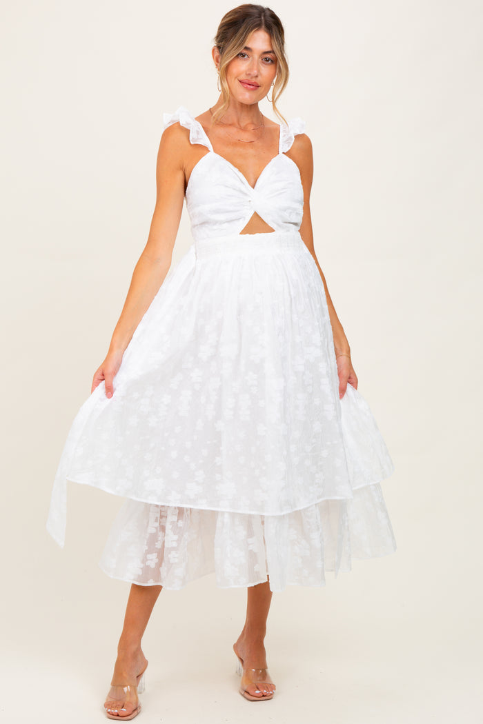 White Embroidered Twist Front Cutout Maternity Midi Dress