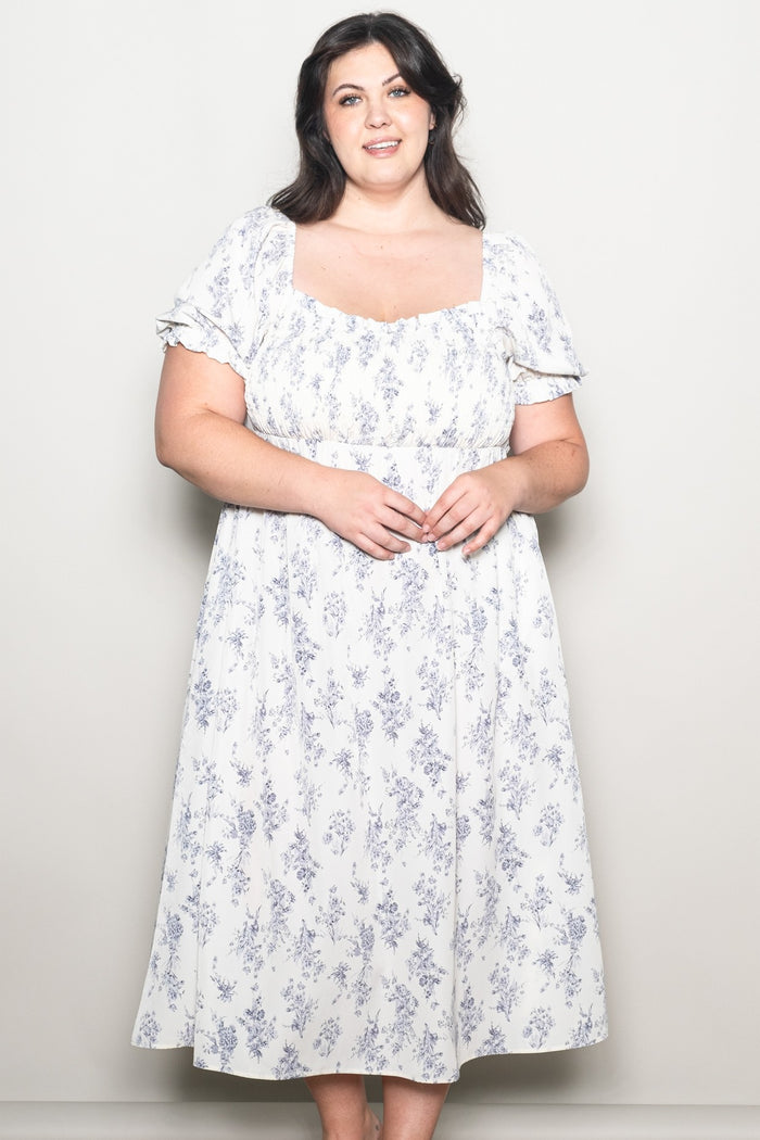 Ivory Floral Smocked Sweetheart Neckline Maternity Plus Midi Dress