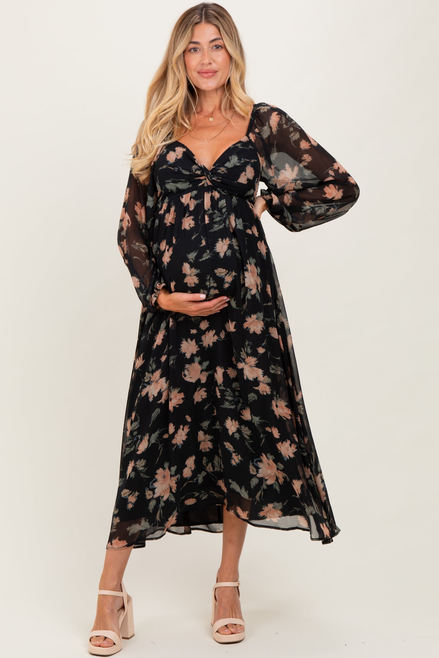 Black/Peach Floral Knotted Bust Chiffon Maternity Midi Dress