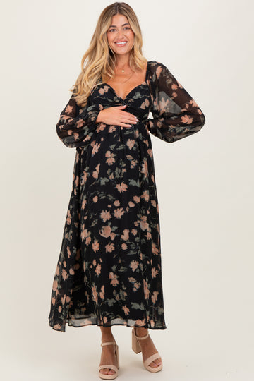 Black/Peach Floral Knotted Bust Chiffon Maternity Midi Dress