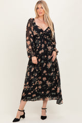 Black/Peach Floral Knotted Bust Chiffon Maternity Midi Dress