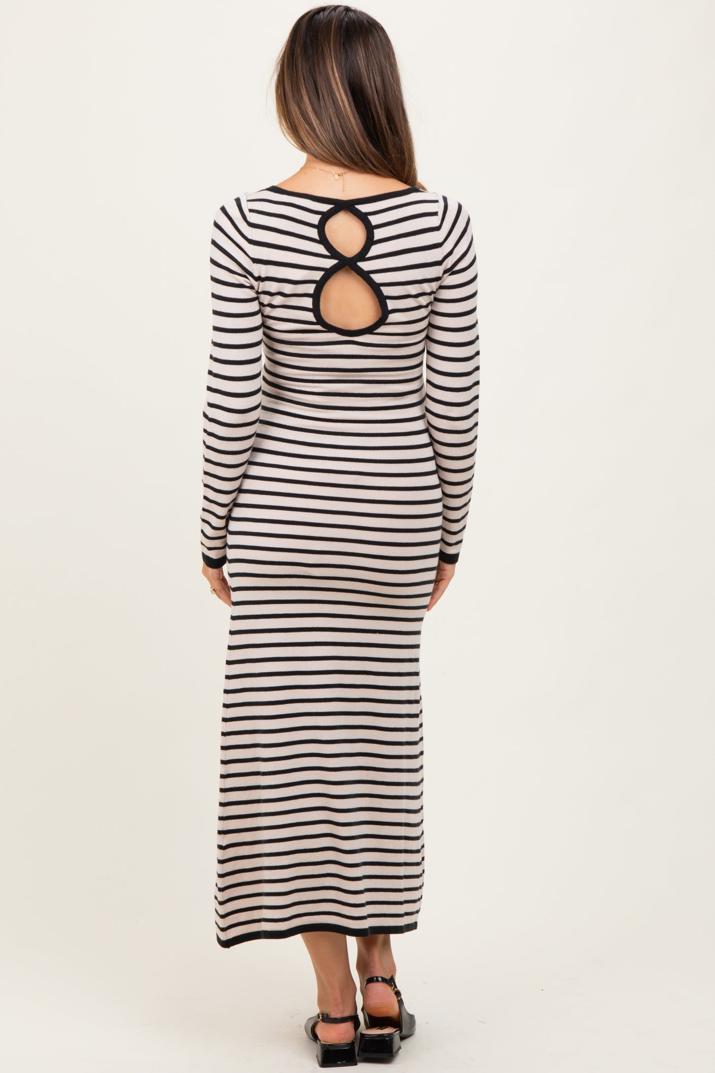 Black Striped Cutout Long Sleeve Maternity Maxi Dress