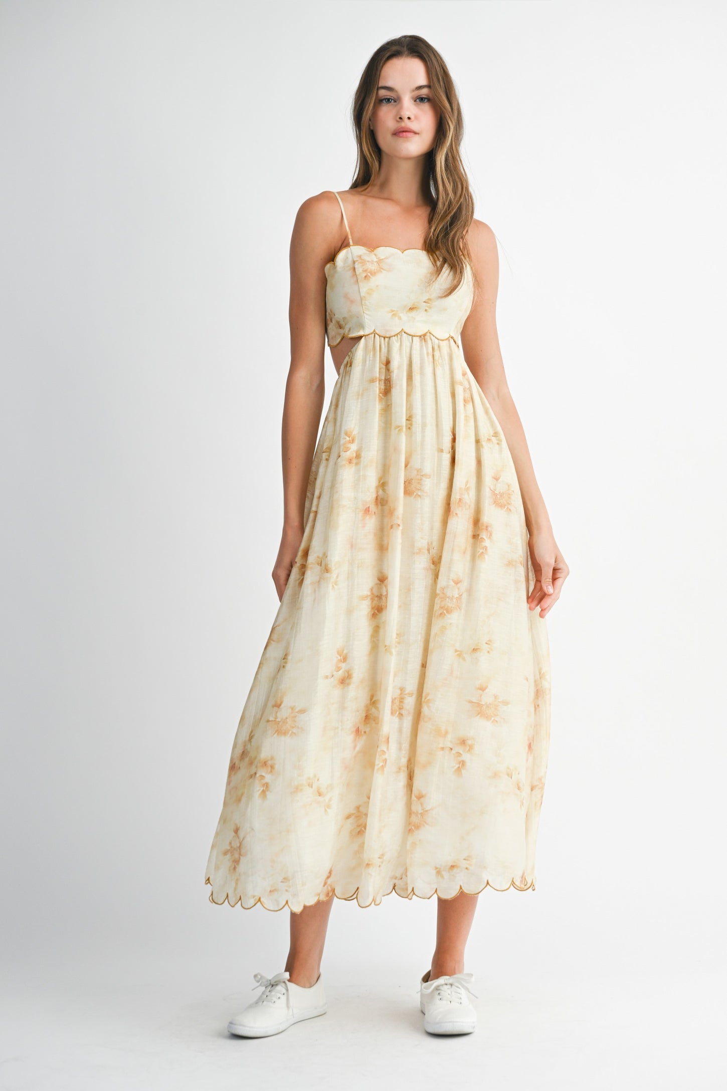 Yellow Faded Floral Scallop Edge Cutout Midi Dress