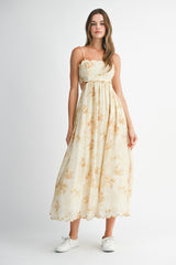 Yellow Faded Floral Scallop Edge Cutout Midi Dress