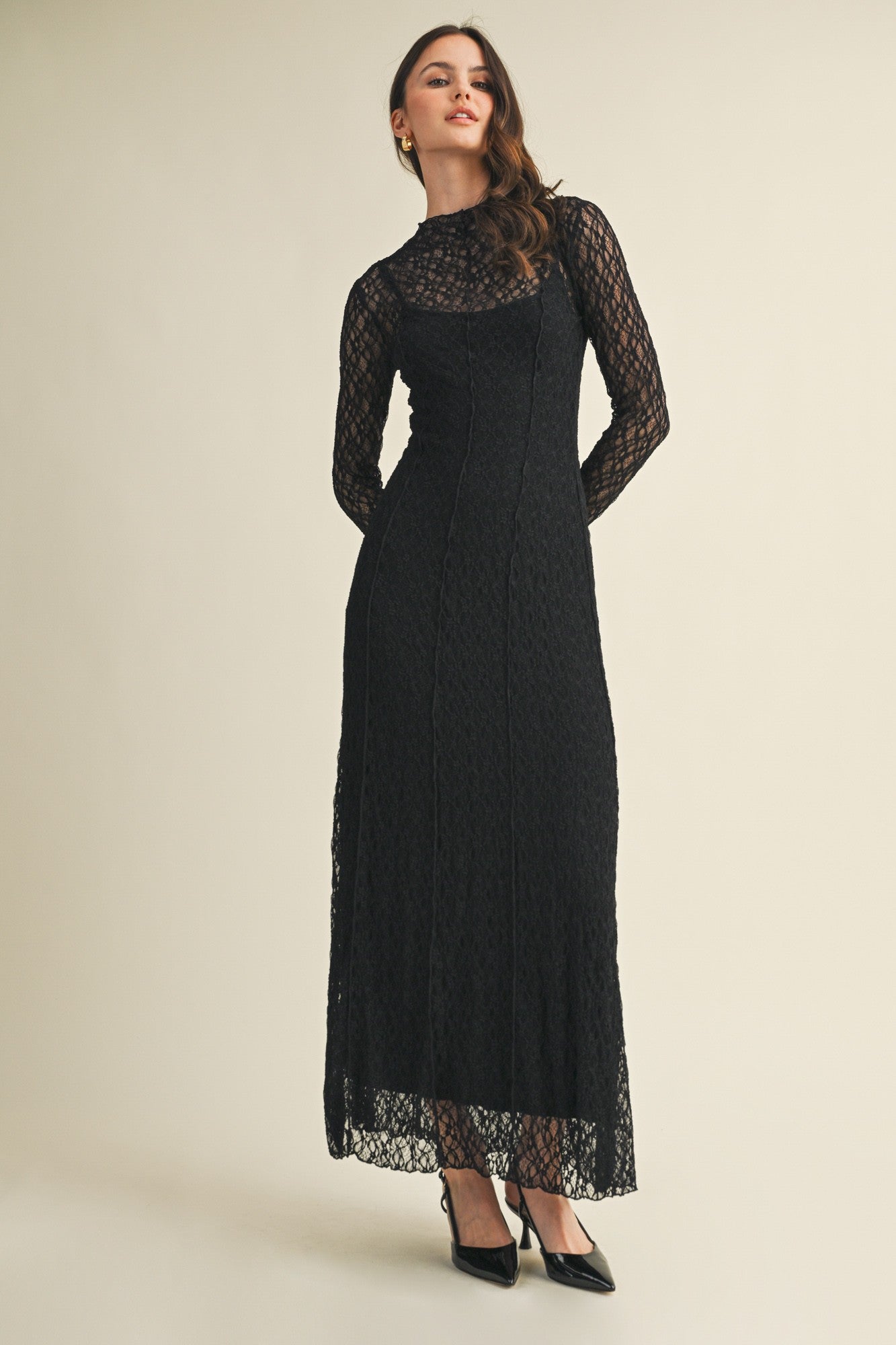 Black Lace Mock Neck Long Sleeve Maxi Dress