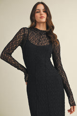 Black Lace Mock Neck Long Sleeve Maxi Dress