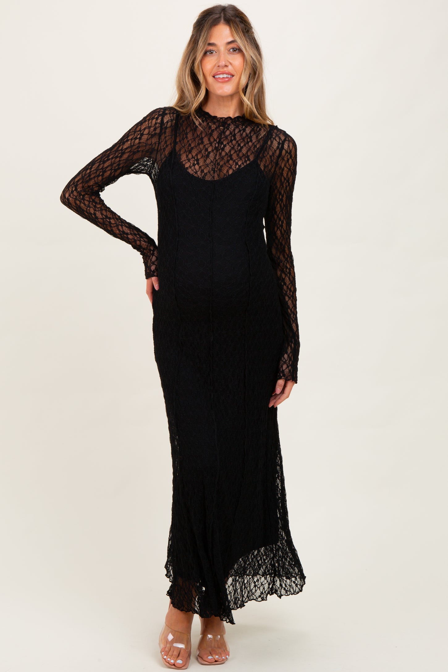 Black Lace Mock Neck Long Sleeve Maternity Maxi Dress