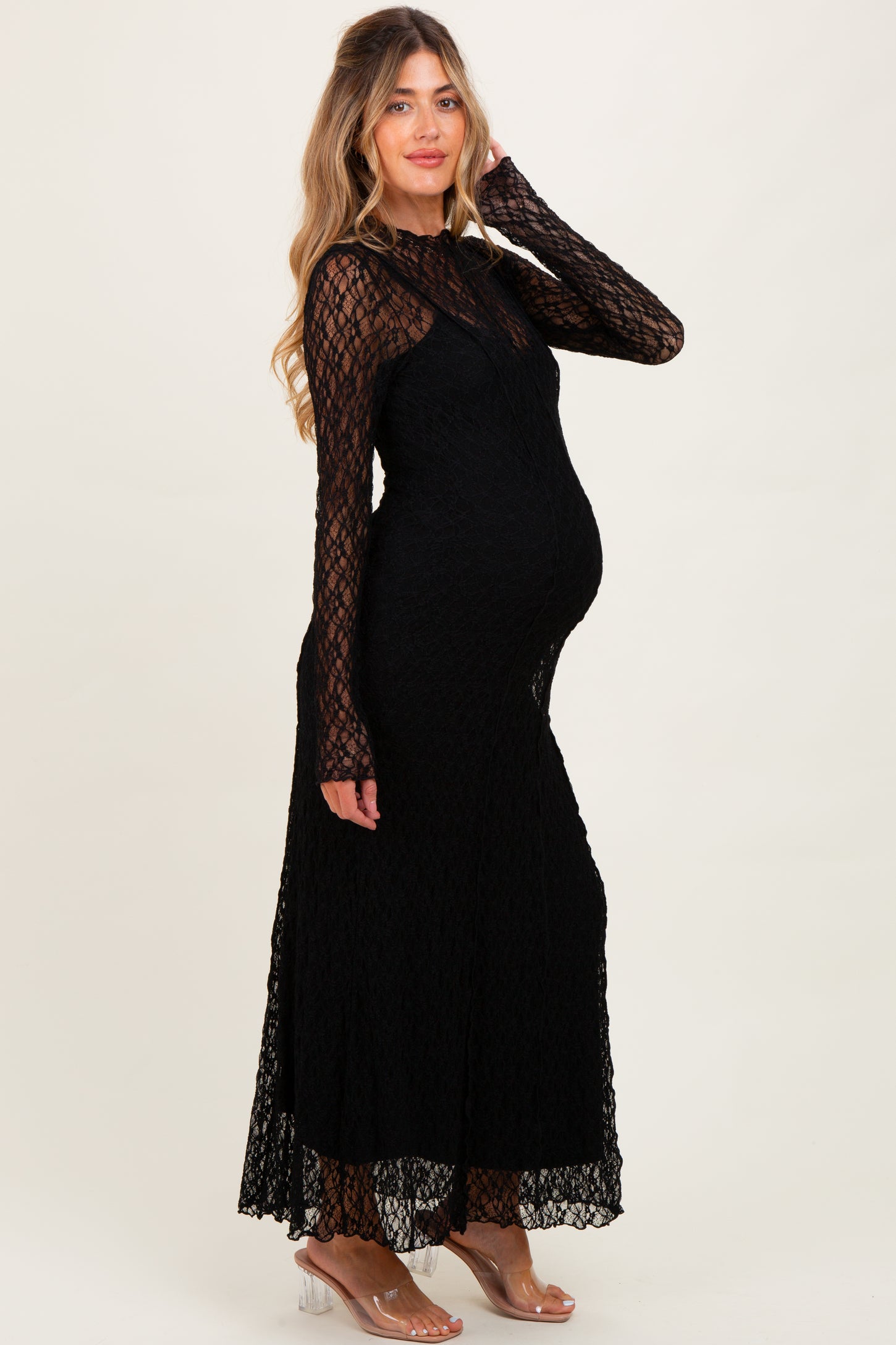 Black Lace Mock Neck Long Sleeve Maternity Maxi Dress
