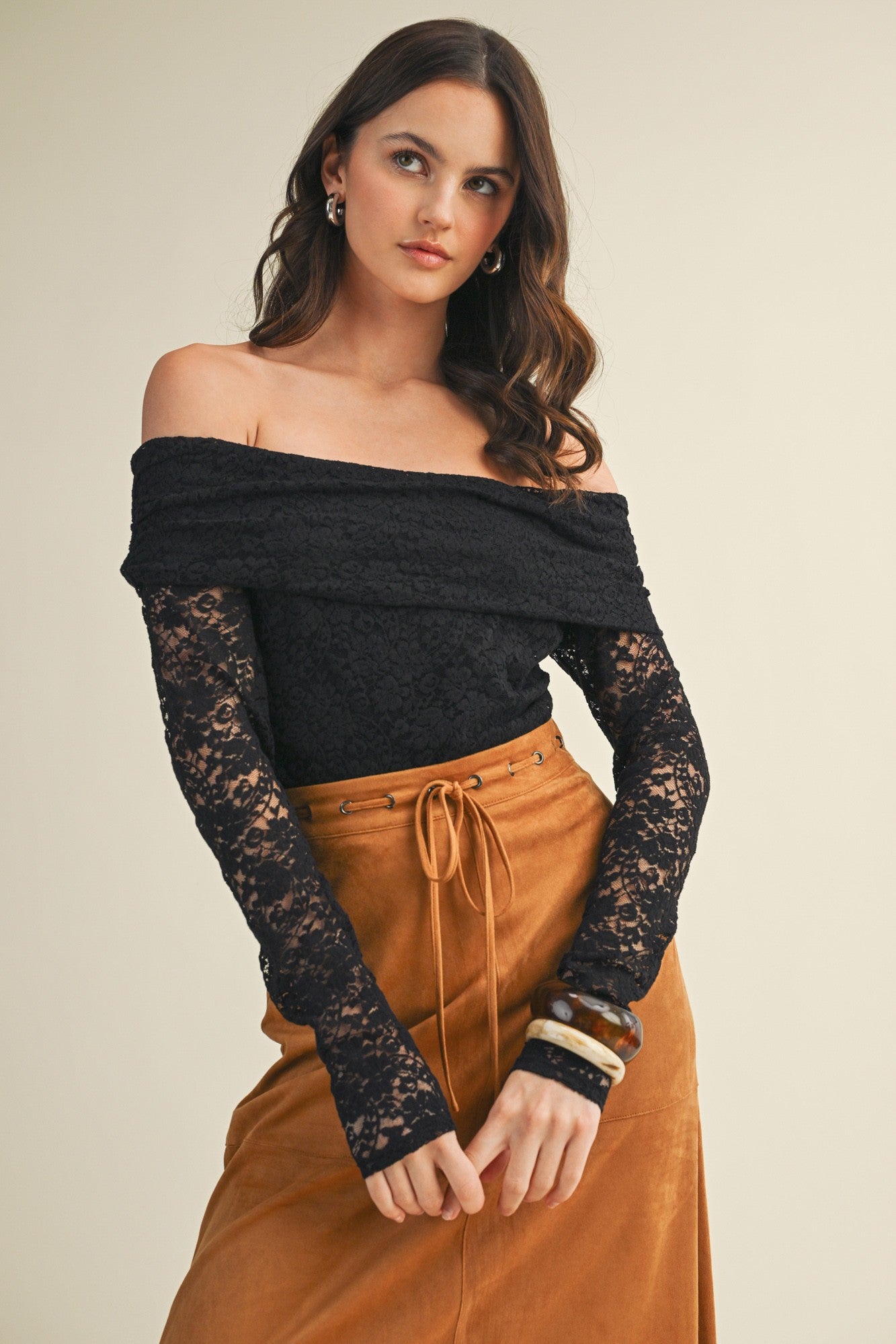 Black Lace Off Shoulder Long Sleeve Maternity Top